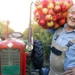 Portrait of farm worker holding sack full of apple fruit.